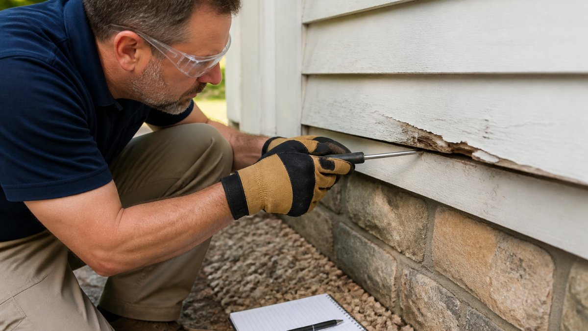Homeowner using a screwdriver to inspect wood siding for hidden rot