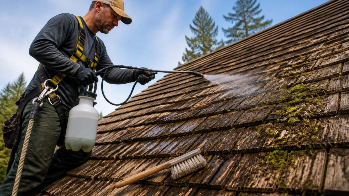 A homeowner on a cedar shake roof using a soft-bristled brush and garden sprayer to apply cleaner, with a safety harness visible and moss patches nearby under soft daylight