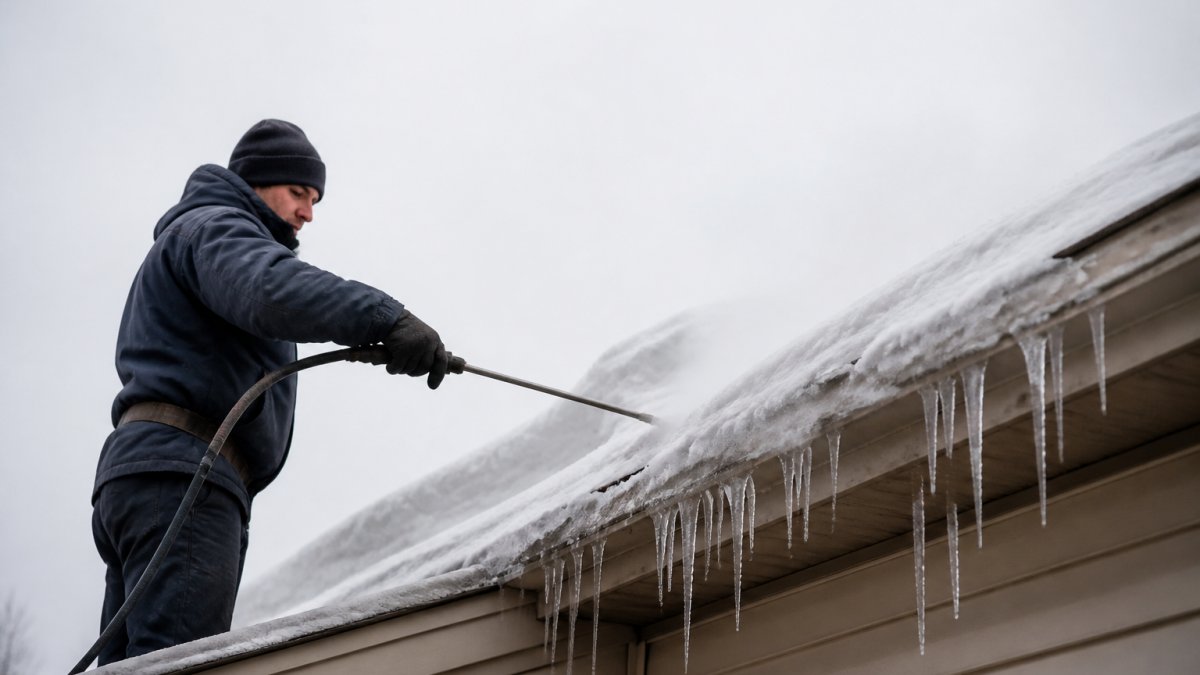 A technician in heavy winter gear guiding a low-pressure steam wand along the edge of a snow-covered roof, icicles hanging from the gutter, overcast winter daylight