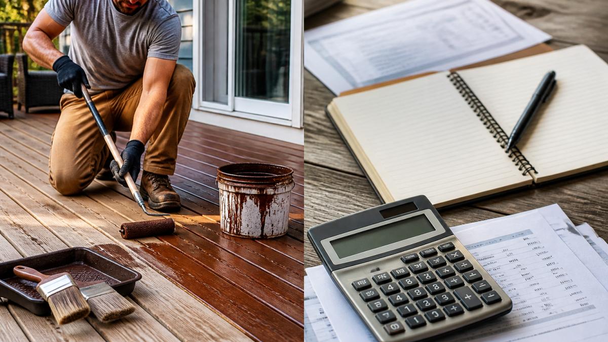 A professional contractor in work clothes applying stain to a wooden deck with a roller on a sunny day, with a bucket of stain and brushes nearby