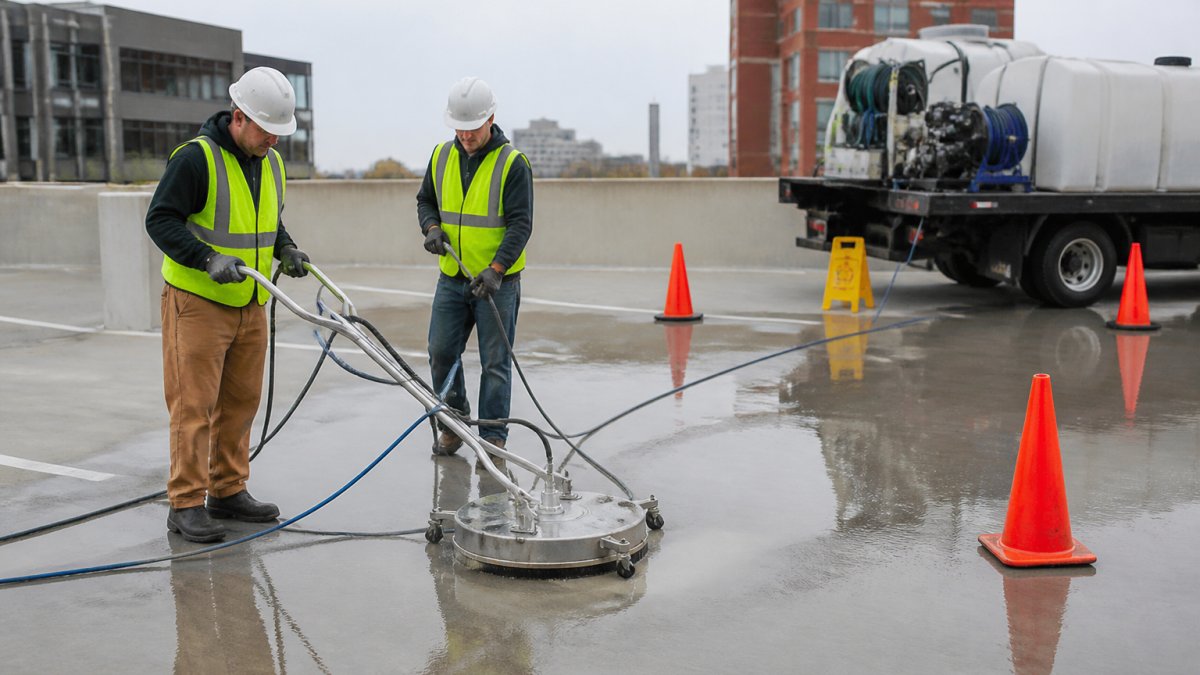 Cleaning crew using a surface cleaner for professional parking garage cleaning in a cordoned work zone.