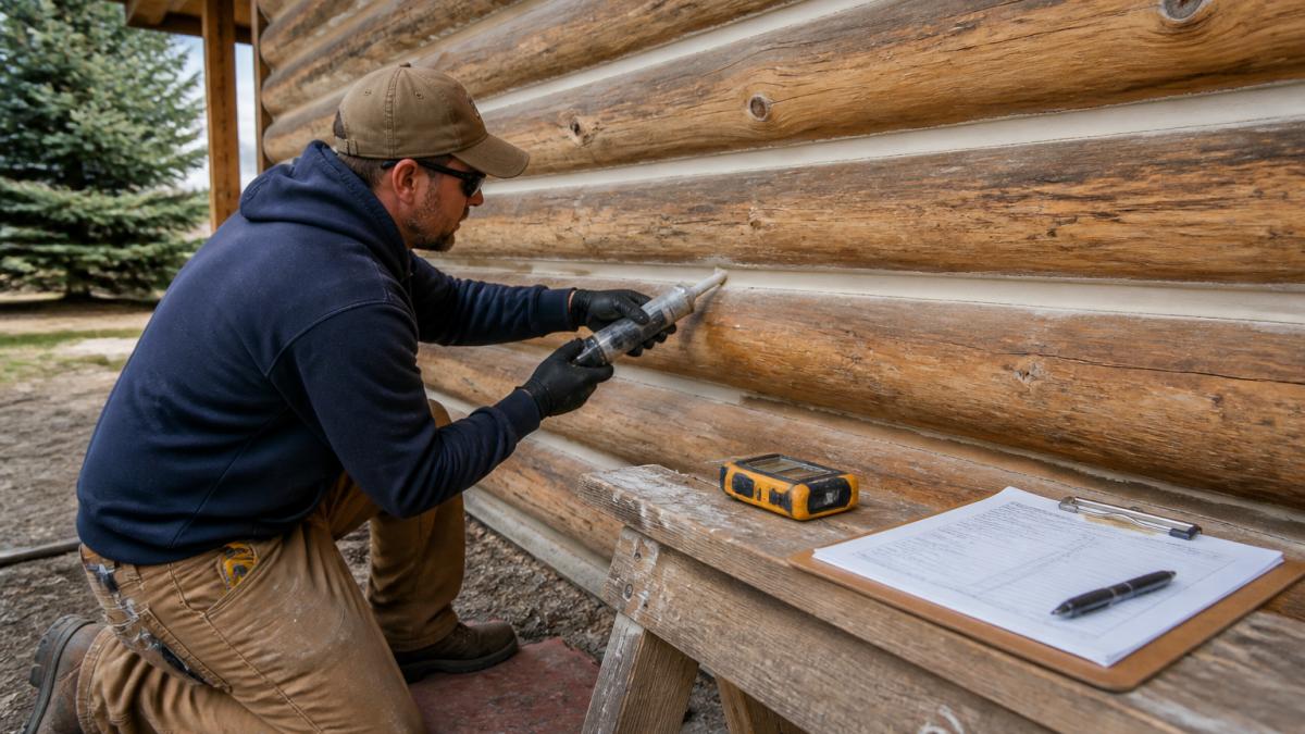 Technician applying fresh chinking repair warranty compound to a log cabin wall using a professional caulking tool.