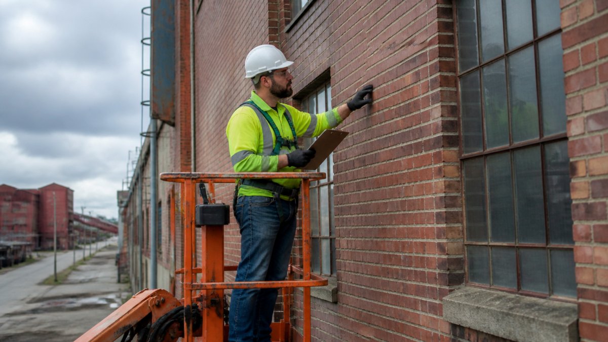 A restoration technician in safety gear on a lift inspecting mortar joints and brick face on a large industrial warehouse wall, clipboard in hand, overcast daylight