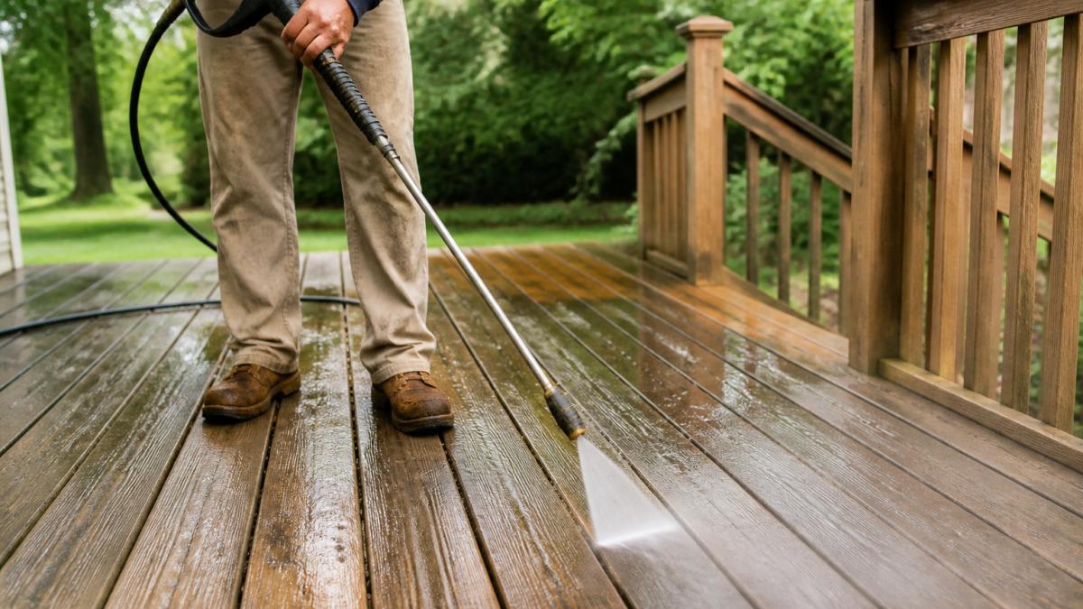 Close-up of a homeowner in work clothes holding a pressure washer wand at a low angle over weathered wood deck boards, water spray visible, green yard in soft background