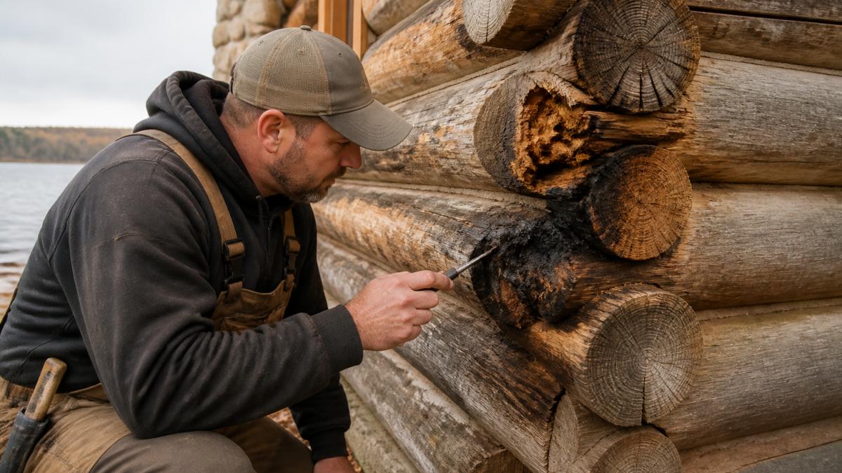 Professional contractor in work gear inspecting a log home corner with visible soft wood and dark rot staining, pointing to damaged area with a tool, natural outdoor lighting on a cloudy day