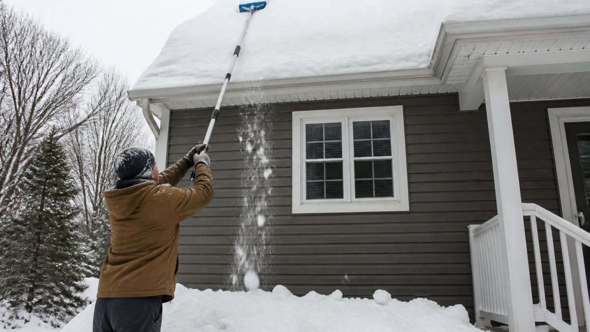 A homeowner standing safely on the ground using a long-handled roof rake to pull snow off the lower edge of a sloped roof, with snow piled on the ground and winter gear visible