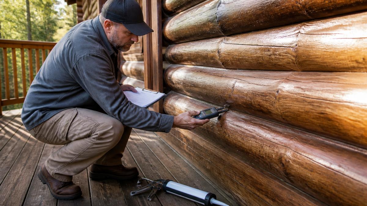 Person inspecting cabin logs with a moisture meter for preventing water damage in log structures